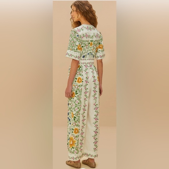 Farm Rio - Off-White Folk Floral Lenzing Ecovero Euroflax Jumpsuit Medium NWT - Picture 2 of 16